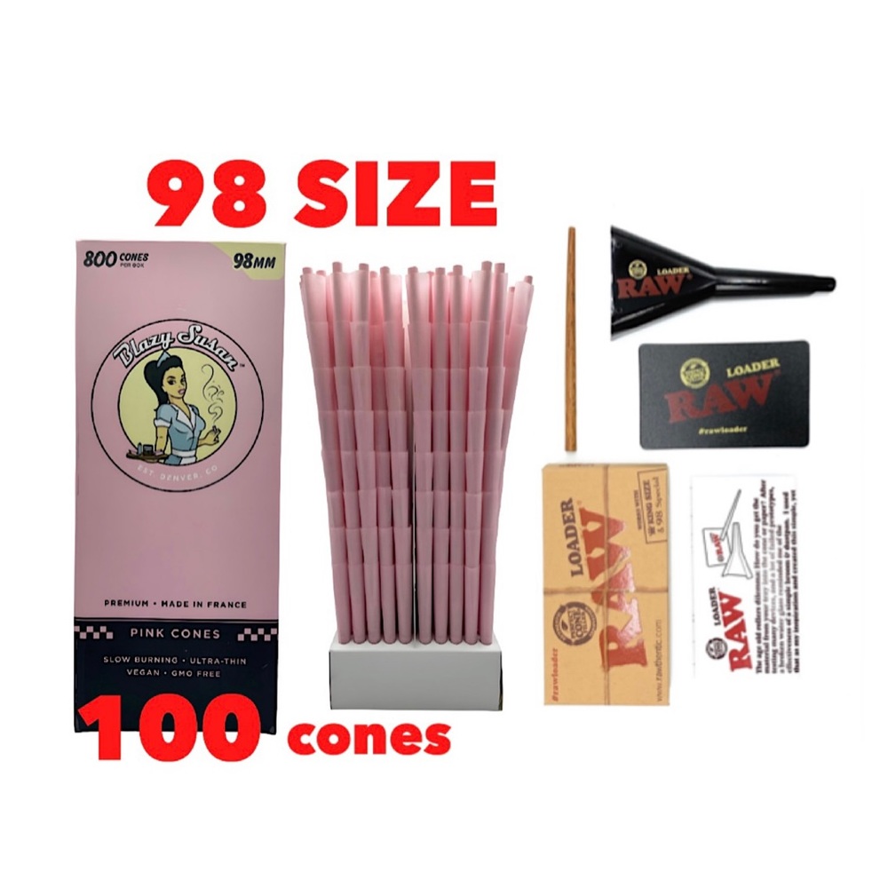 Blazy Susan pink cones 98mm 98 size 100 cones + raw 98 king size cone loader
